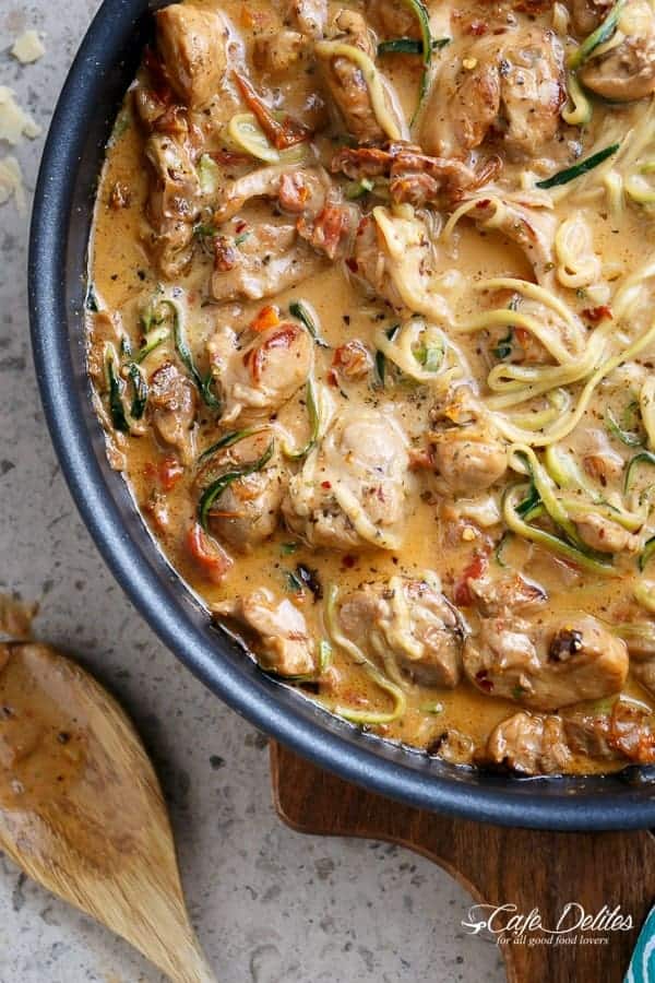 Creamy Sundried Tomato + Parmesan Chicken Zoodles | https://cafedelites.com