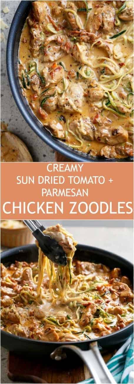 Creamy Sun dried Tomato + Parmesan Chicken Zoodles make the craziest low carb comfort food! For #lowcarb #LCHF or #WeightWatchers | https://cafedelites.com