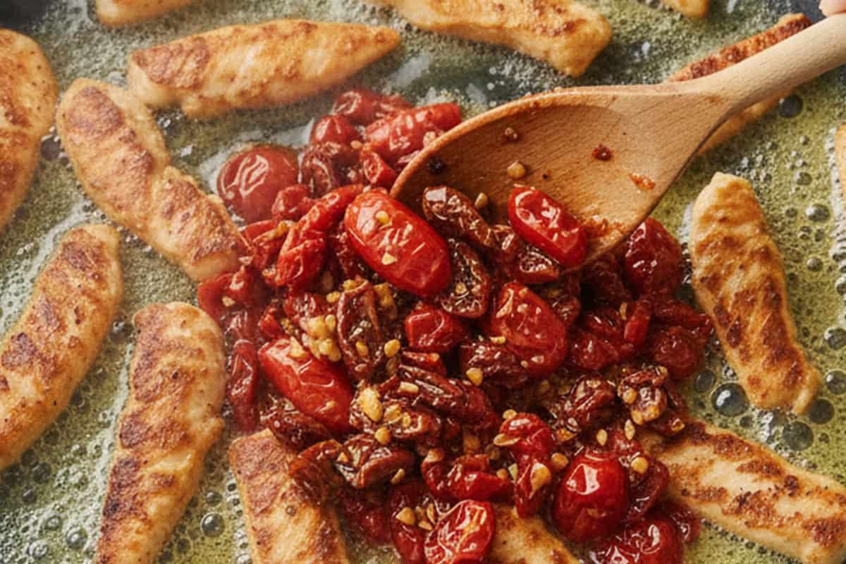 Added the semi dried tomatoes, sun dried tomatoes.