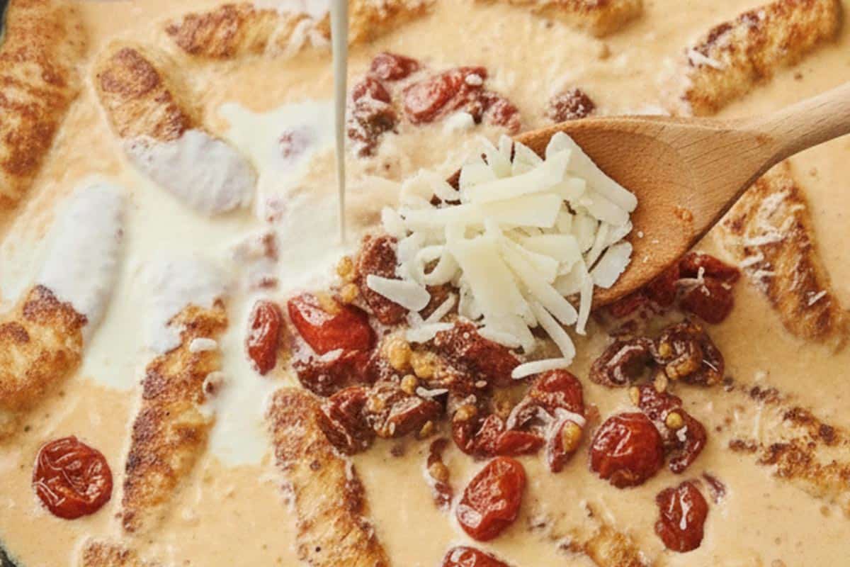 Pouring in the cream, and sprinkle over the parmesan.