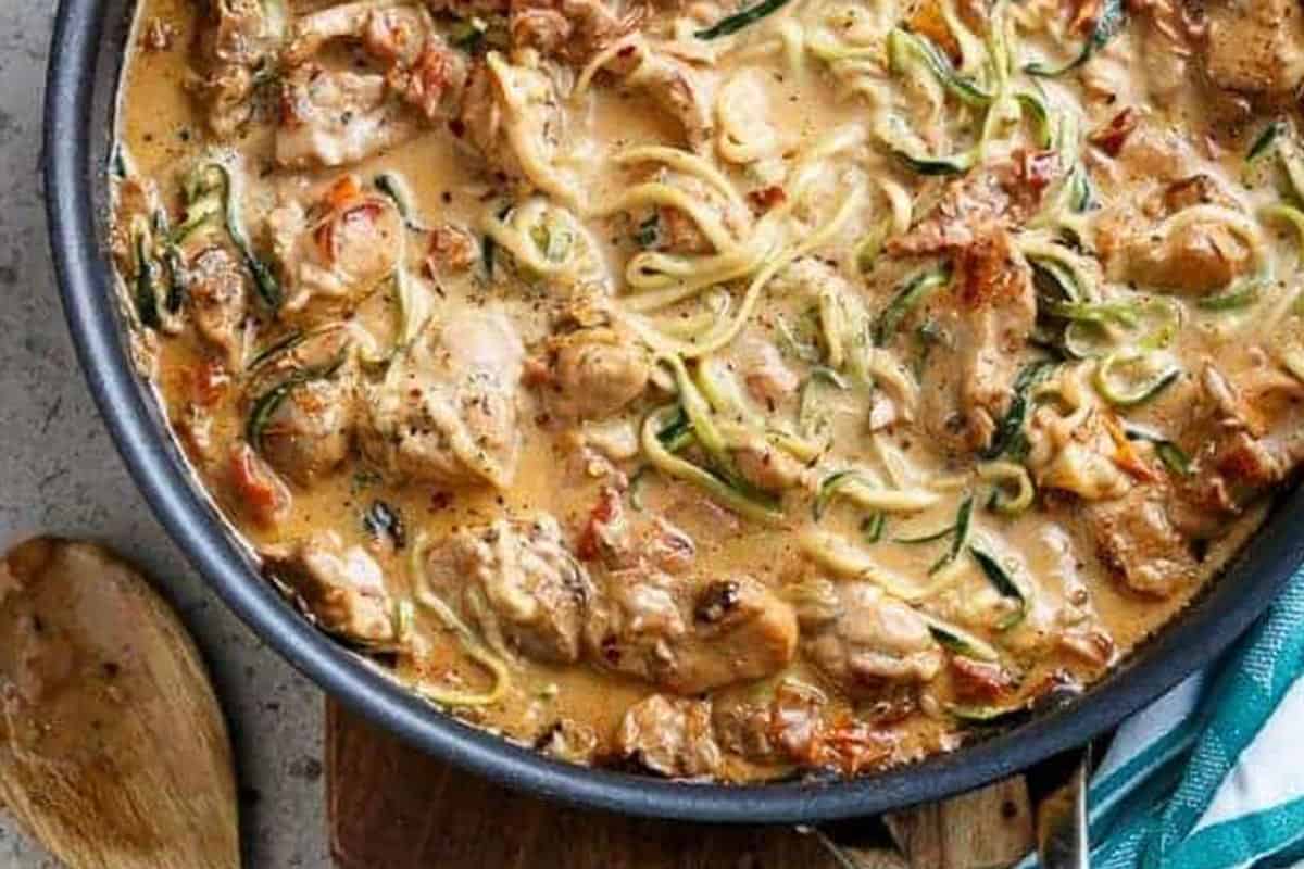 Top shot of Creamy Zucchini Sun Dried Tomato Pasta.