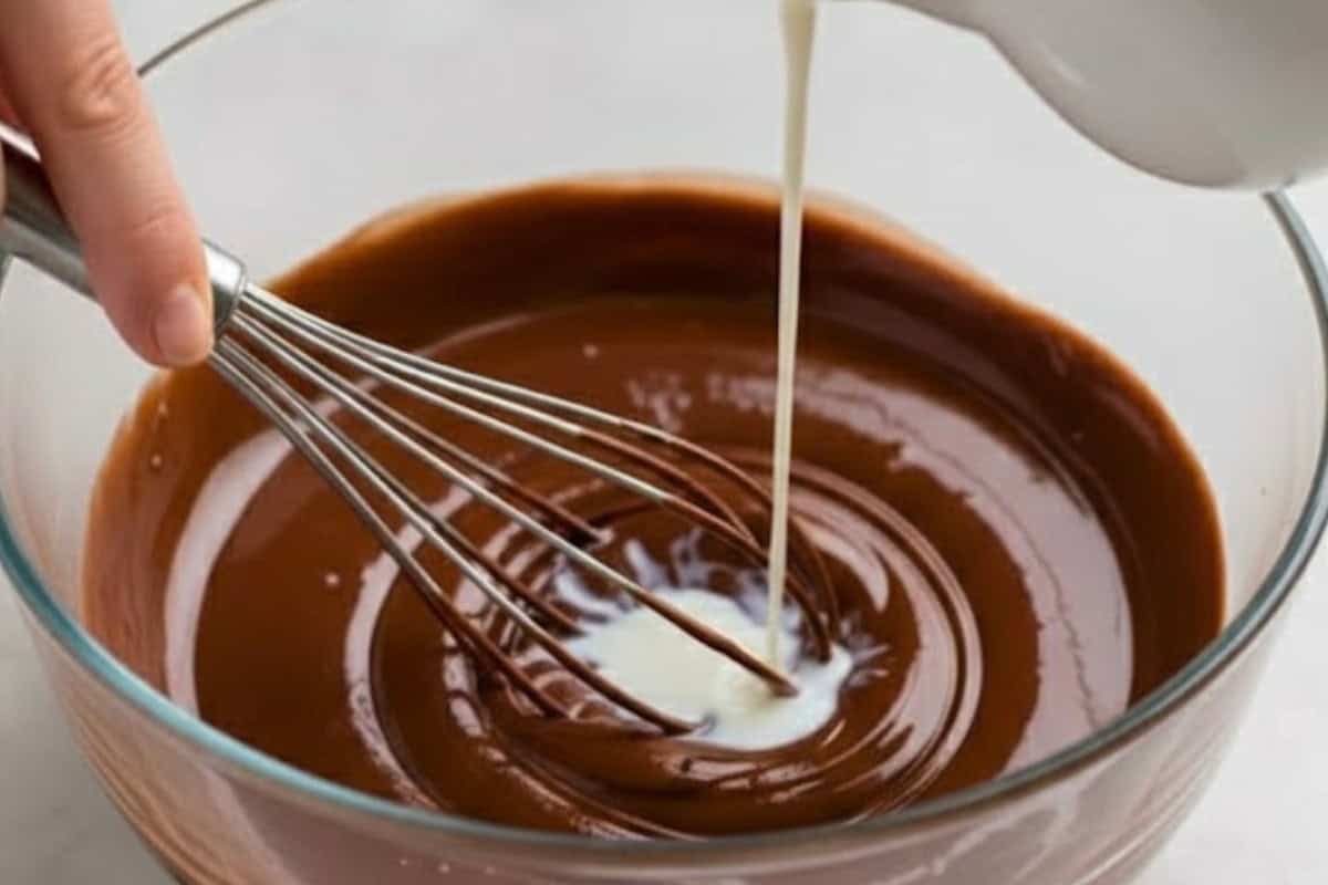 Slowly whisk in the milk until the chocolate loosens into a silky, pourable sauce. - 7