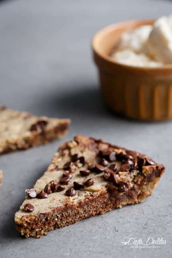 Low Carb Browned Butter Chocolate Chip Skillet Cookie with crispy Low Carb Browned Butter Chocolate Chip Skillet Cookie