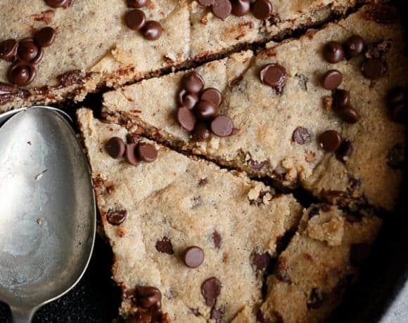 Low Carb Browned Butter Chocolate Chip Skillet Cookie with chocolate chip on top