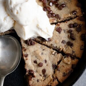 Ice Cream on top of Low Carb Browned Butter Chocolate Chip Skillet Cookie