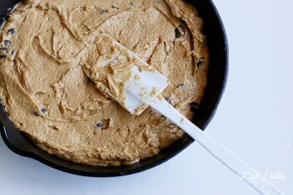 Low Carb Browned Butter Chocolate Chip Skillet Cookie with crispy Low Carb Browned Butter Chocolate Chip Skillet Cookie