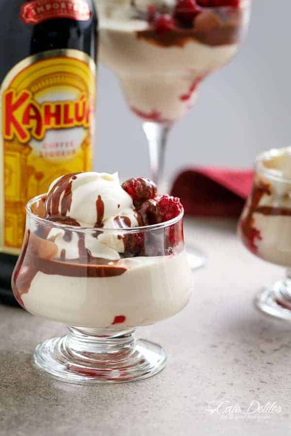 Creamy Kahlua + Raspberry Cheesecake Parfaits | https://cafedelites.com