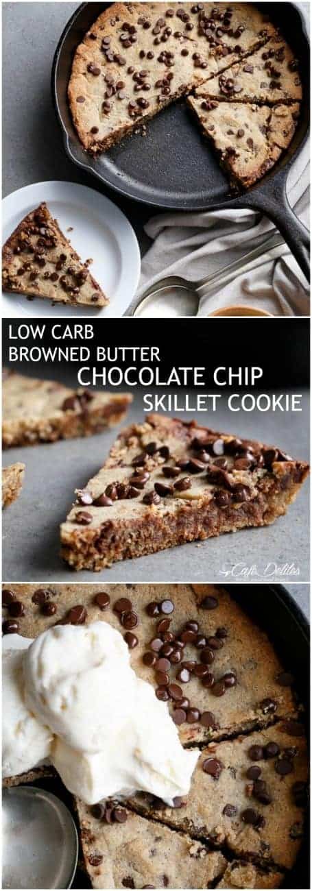 Low Carb Browned Butter Chocolate Chip Skillet Cookie! #LowCarb#LCHF #Gluten Free #Vegan Substitutes | https://cafedelites.com