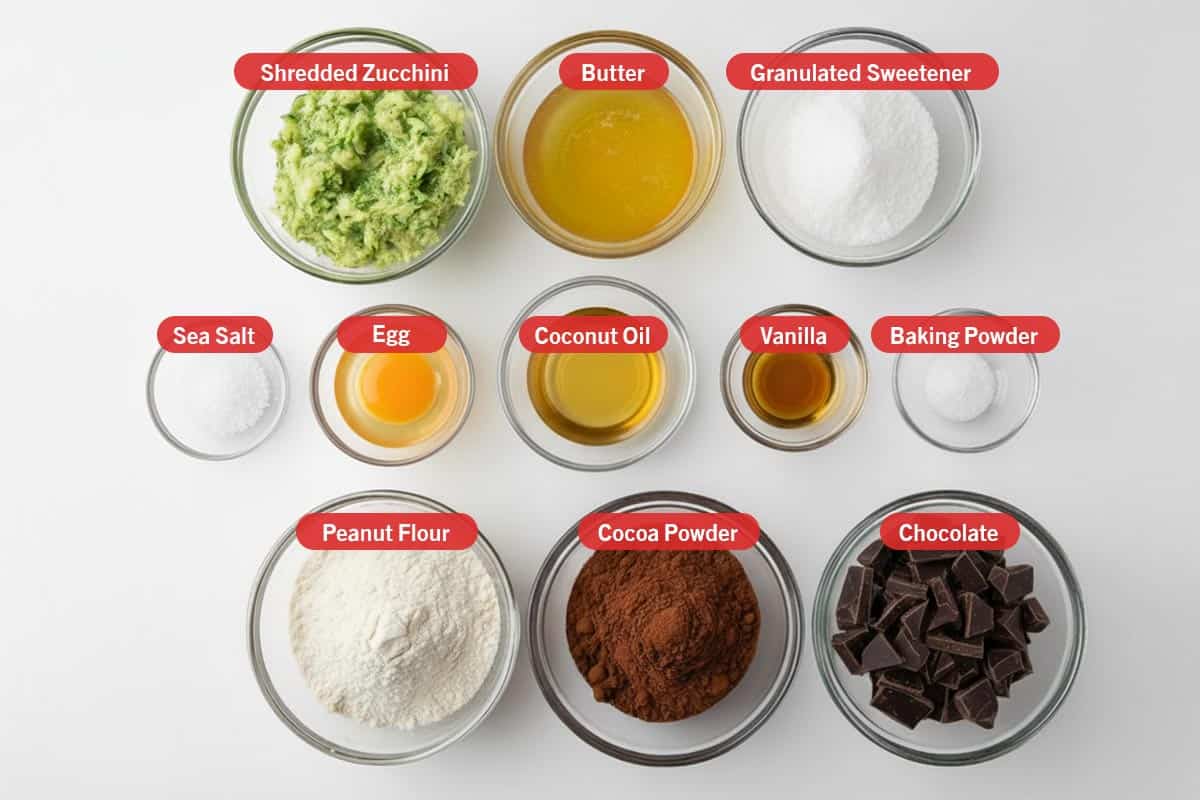 Top shot of ingredients: shredded zucchini, butter, granulated sweetener, sea salt, egg, coconut oil, vanilla, baking powder, peanut flour, cocoa powder, and chocolate.