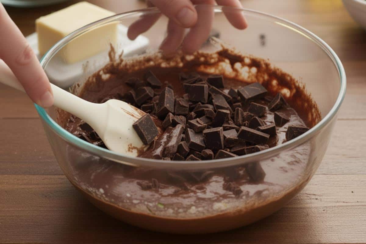 Added the chopped chocolate pieces to the bowl.