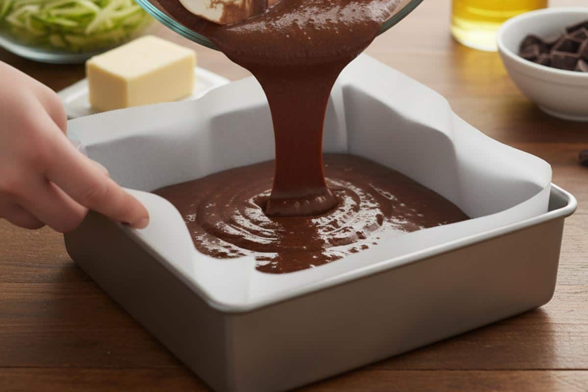 Pouring the batter into the prepared pan.