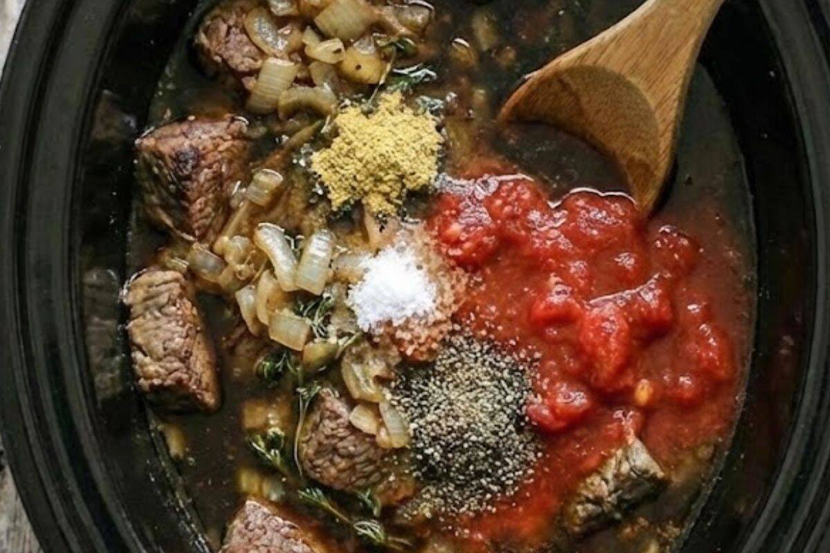 Pour in the Guinness stout and crushed tomatoes, then season with vegetable stock powder (if using) and extra salt and pepper. - 6