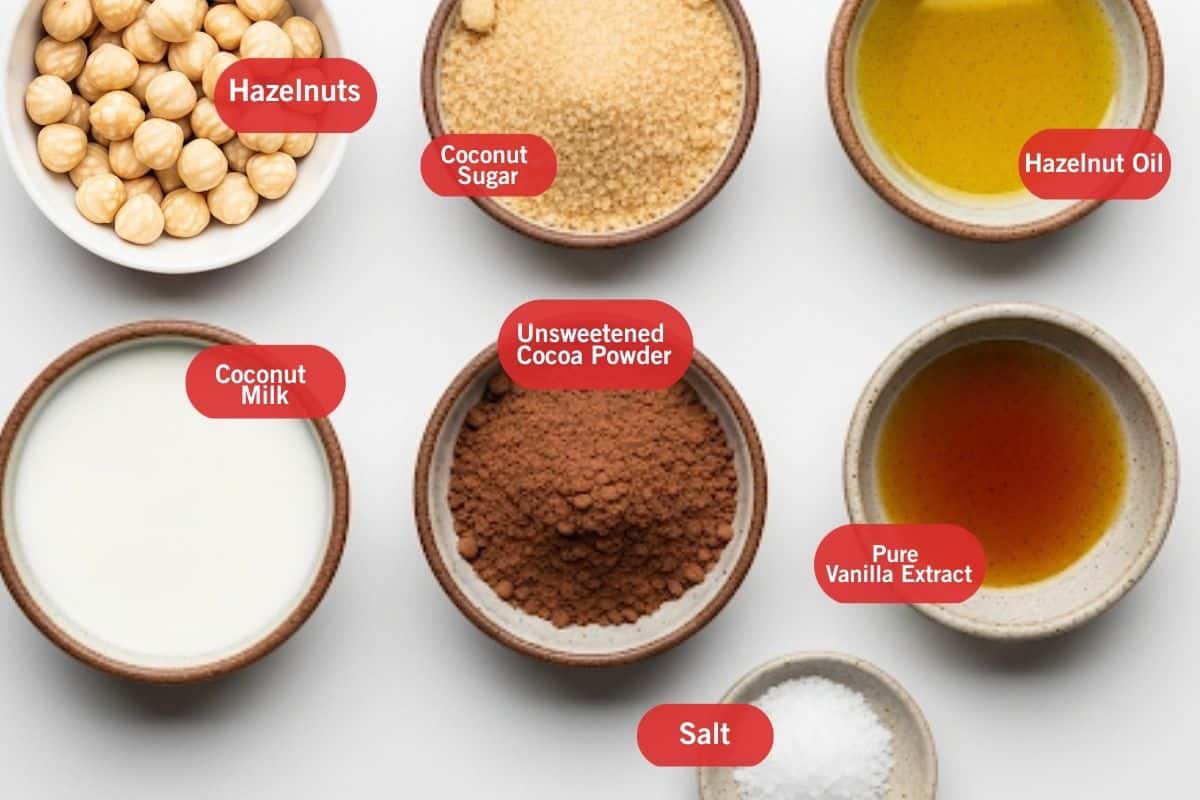 Flat lay photo of ingredient shot of hazelnuts, coconut sugar, hazelnut oil, coconut milk, unsweetened cocoa powder, pure vanilla extract, salt