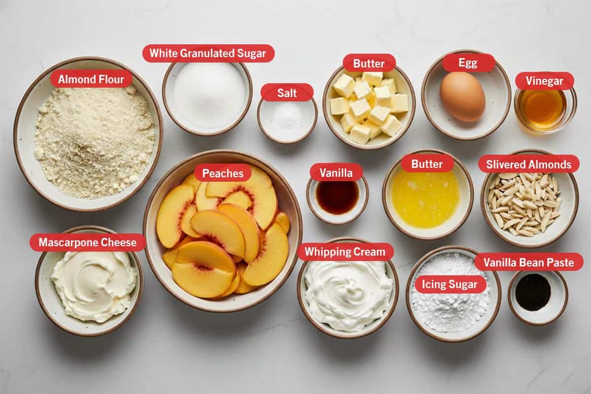 Top shot of ingredients: almond flour, white granulated sugar, salt, butter, egg, vinegar, mascarpone cheese, peaches, vanilla, butter, slivered almonds, whipping cream, icing sugar, and vanilla bean paste. - 2