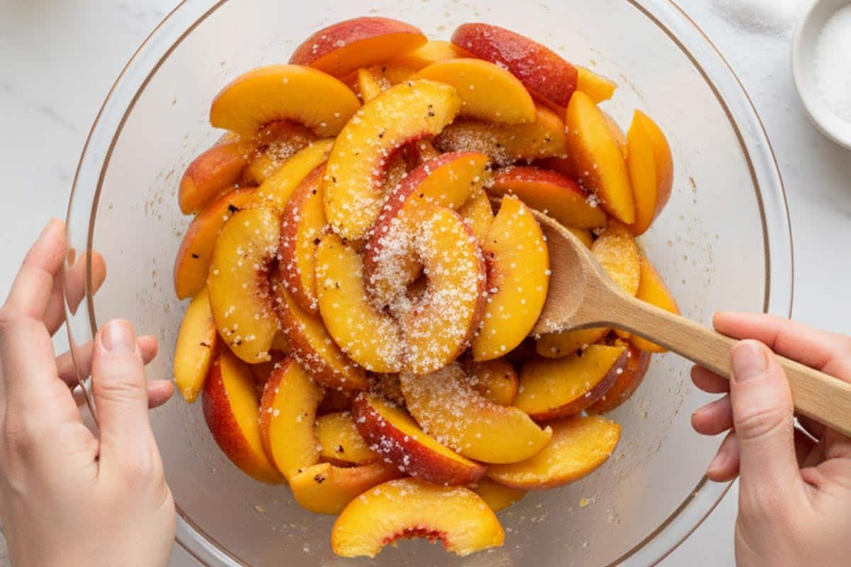Combined the sliced peaches, vanilla, and sweetener in a bowl. - 5