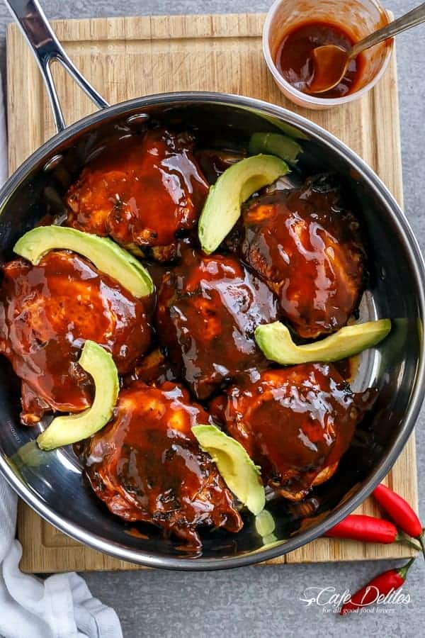 Barbecue Buffalo Chicken Thighs with Avocado | https://cafedelites.com