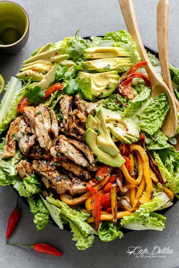 Grilled Chilli Lime Chicken Fajita Salad | https://cafedelites.com