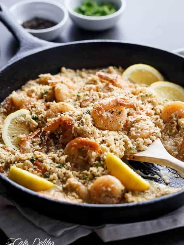 Creamy Garlic Shrimp (Prawn) Cauliflower "Risotto" in a pan
