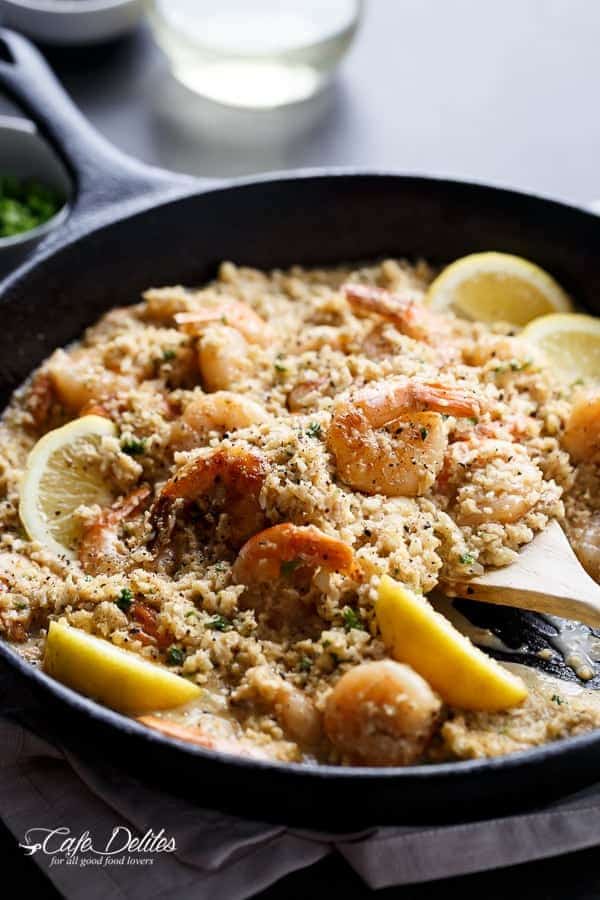 Creamy Garlic Shrimp (Prawn) Cauliflower "Risotto" | https://cafedelites.com