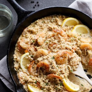Creamy Garlic Shrimp Cauliflower Rice Risotto in a pan