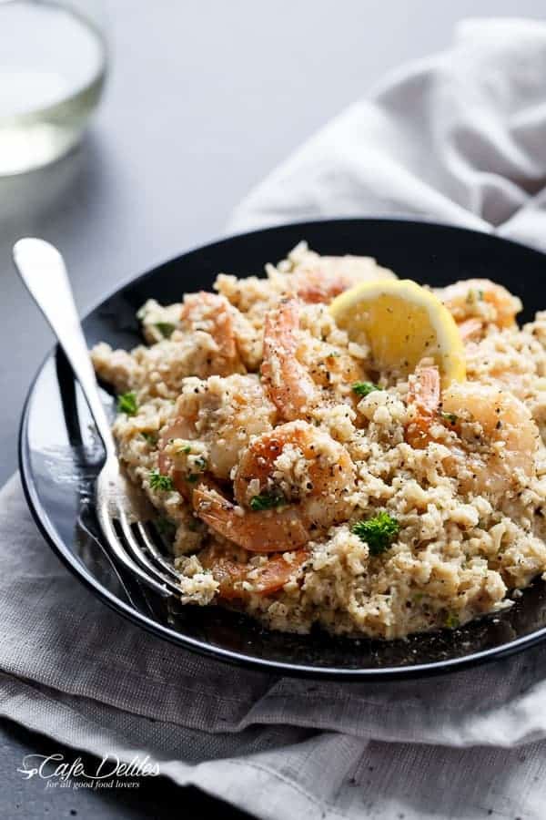 Creamy Garlic Shrimp (Prawn) Cauliflower "Risotto" | https://cafedelites.com