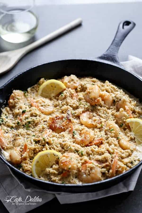 Creamy Garlic Shrimp (Prawn) Cauliflower "Risotto" | https://cafedelites.com