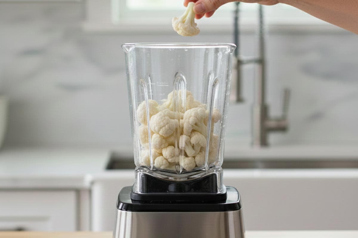 Putting the cauliflower in the blender.