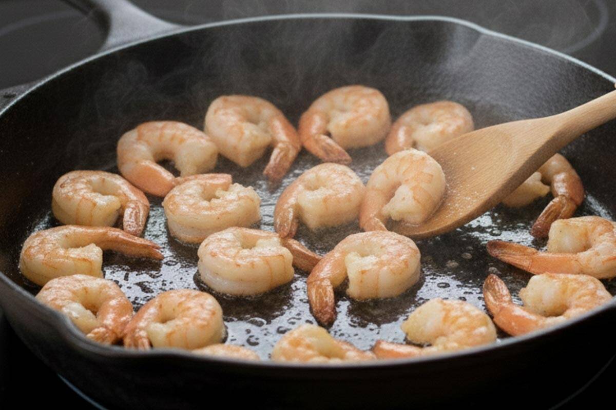 Searing the shrimp in the pan.