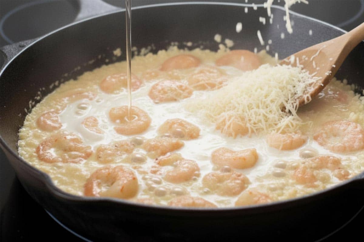 Pouring the white wine and sprinkling the cheese in the pan.