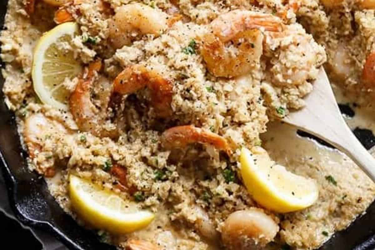 Close-up shot of Creamy Garlic Shrimp Cauliflower Risotto.