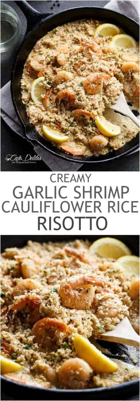 Creamy Garlic Shrimp (Prawn) Cauliflower "Risotto" #LowCarb #LCHF | https://cafedelites.com