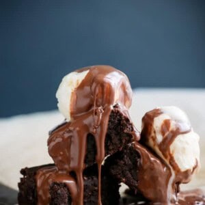 Fudgy Flourless Hazelnut Brownies with a Hot Chocolate Fudge Sauce