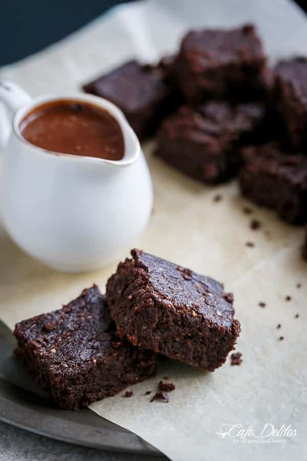 Fudgy Flourless Hazelnut Brownies with a Hot Chocolate Fudge Sauce Fudgy Flourless Hazelnut Brownies (Low Carb)