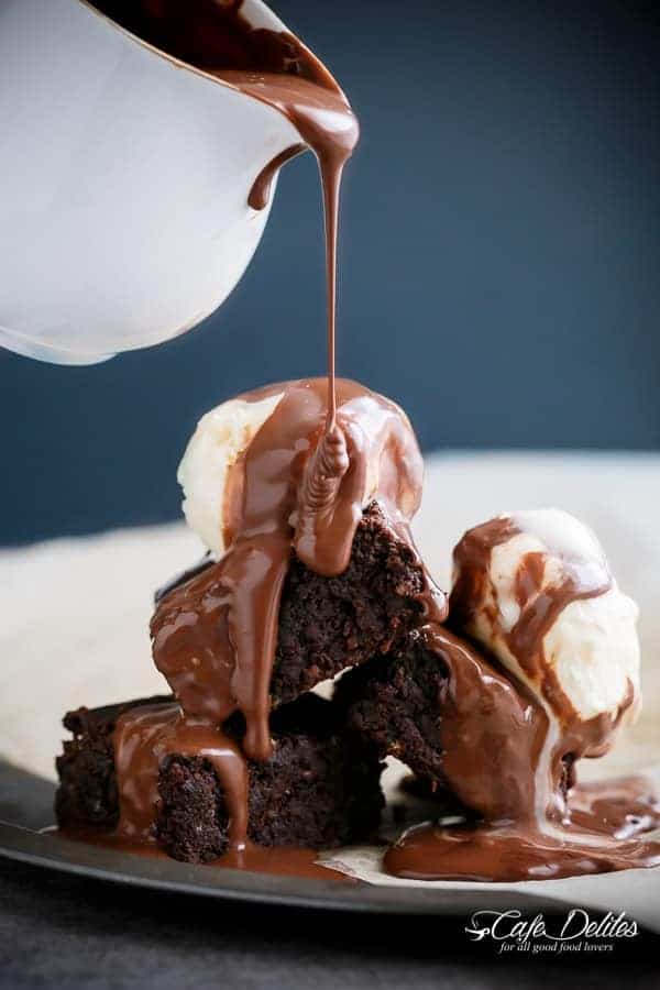 Fudgy Flourless Hazelnut Brownies with a Hot Chocolate Fudge Sauce Fudgy Flourless Hazelnut Brownies (Low Carb)