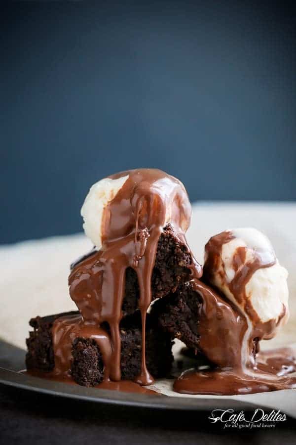 Fudgy Flourless Hazelnut Brownies with a Hot Chocolate Fudge Sauce Fudgy Flourless Hazelnut Brownies (Low Carb)