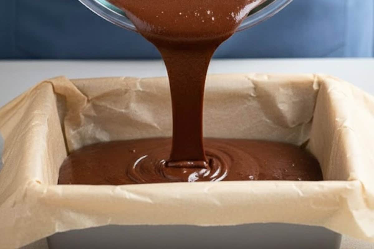  Line a nine inch baking tin with parchment paper, then pour the batter - 7