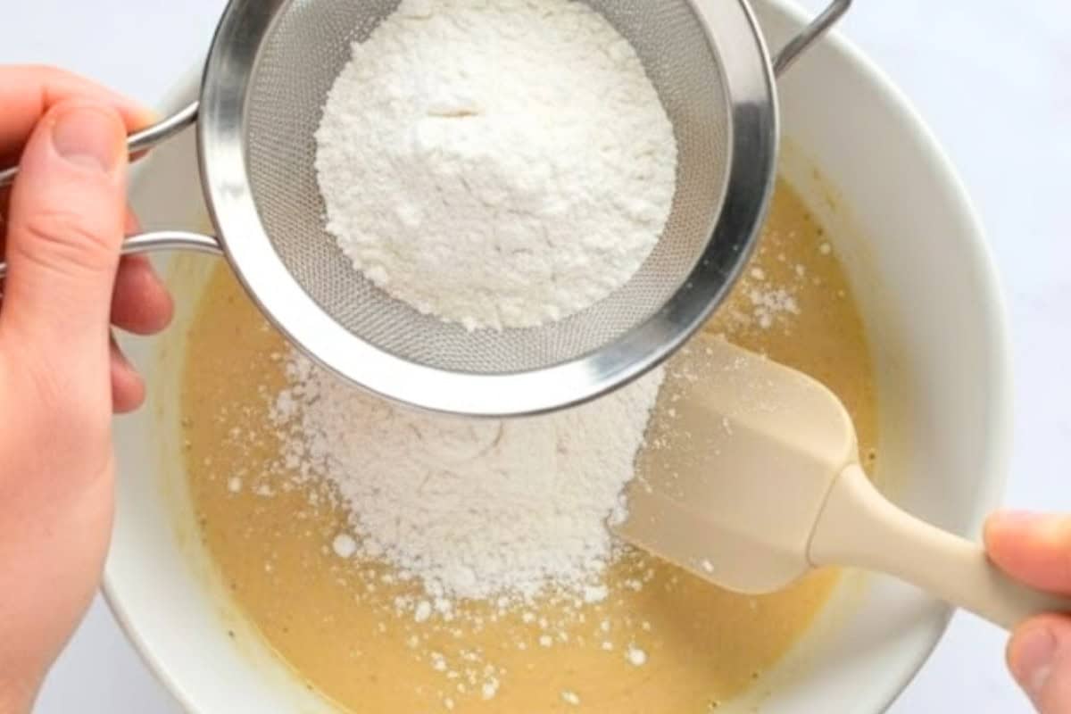 Sift in the flour, baking powder, and salt. Fold the mixture until combined,