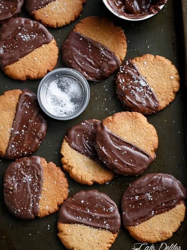 Salted Chocolate Dipped Peanut Butter Cookies