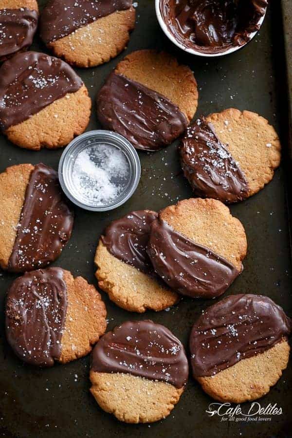 Salted Chocolate Dipped Peanut Butter Cookies (Low Carb) - Cafe Delites