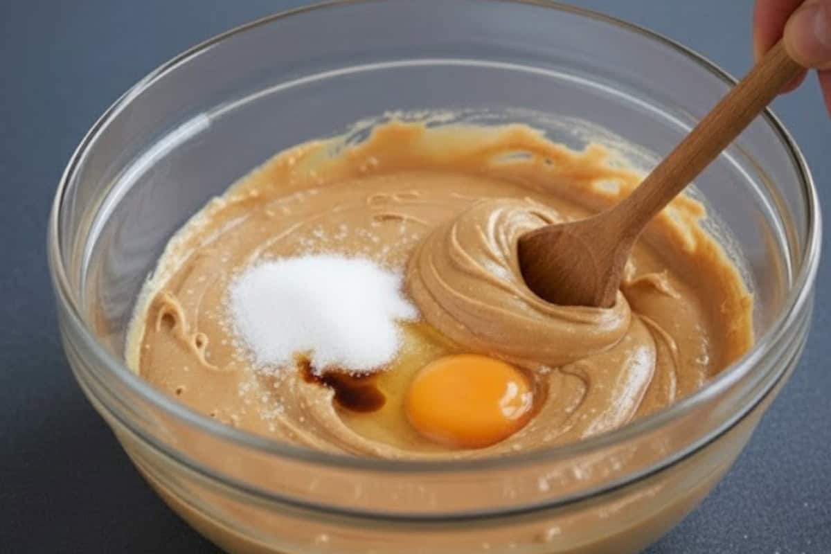 In a medium bowl, combine the peanut butter, sweetener (or sugar), egg, and vanilla. - 4