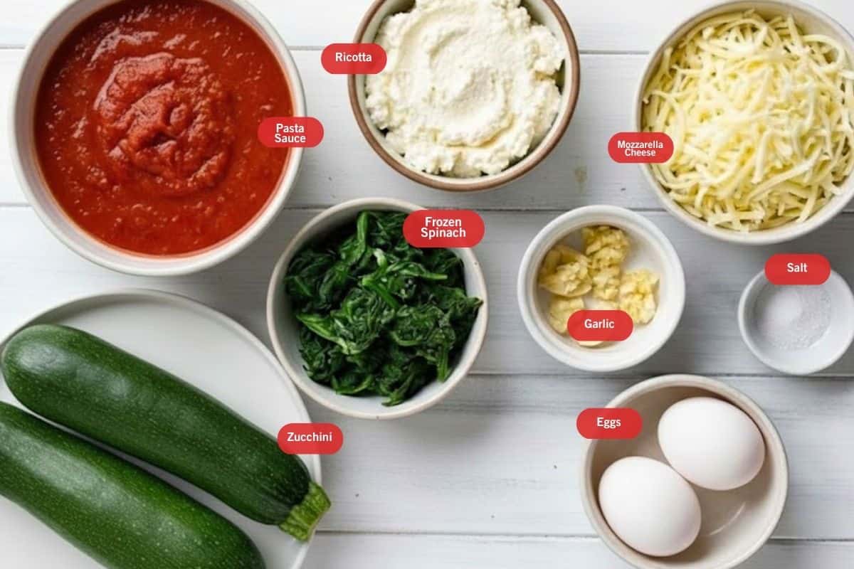 Flat lay photo of ingredient shot of Spinach and Ricotta Zucchini Cannelloni ( pasta sauce, ricotta, mozzarella cheese, salt, garlic, frozen spinach, zucchini, eggs) - 2