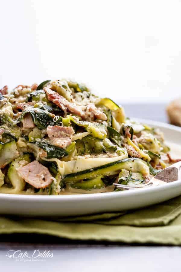 Thick Zucchini ribbons with crispy bacon pieces Zucchini (Zettuccine) Carbonara