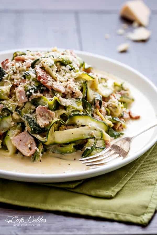 Thick Zucchini ribbons with crispy bacon pieces Zucchini (Zettuccine) Carbonara