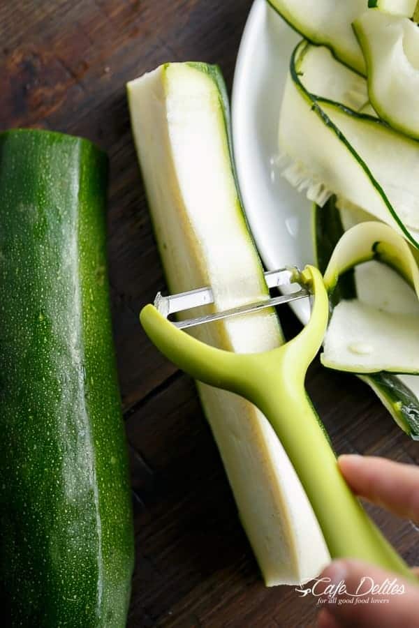 Thick Zucchini ribbons with crispy bacon pieces Zucchini (Zettuccine) Carbonara