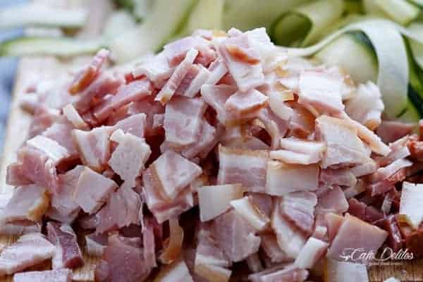 Thick Zucchini ribbons with crispy bacon pieces Zucchini (Zettuccine) Carbonara