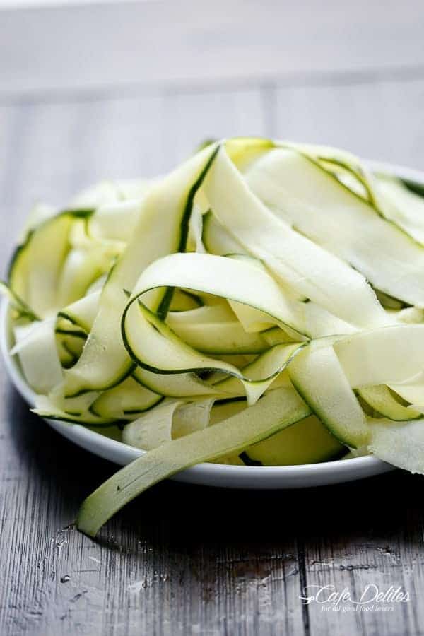 Thick Zucchini ribbons with crispy bacon pieces Zucchini (Zettuccine) Carbonara