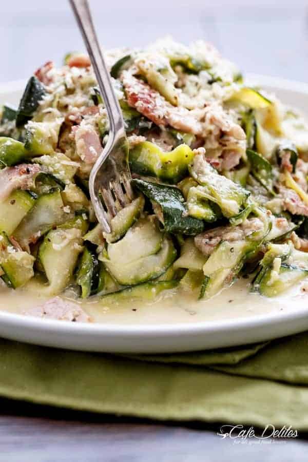 Thick Zucchini ribbons with crispy bacon pieces Zucchini (Zettuccine) Carbonara