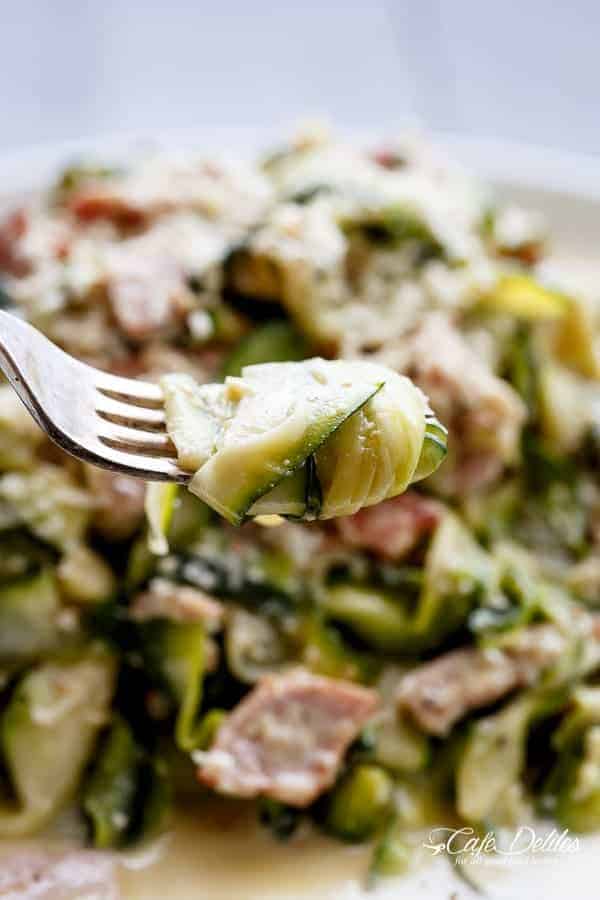 Thick Zucchini ribbons with crispy bacon pieces Zucchini (Zettuccine) Carbonara