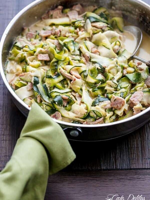 Zucchini (Zettuccine) Carbonara in a pan