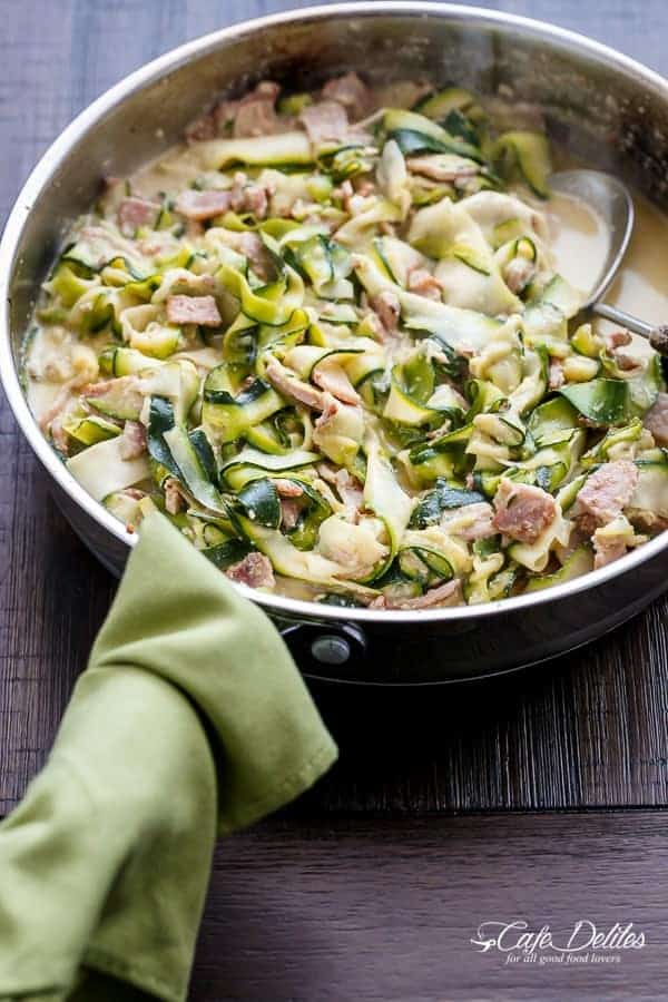 Thick Zucchini ribbons with crispy bacon pieces Zucchini (Zettuccine) Carbonara